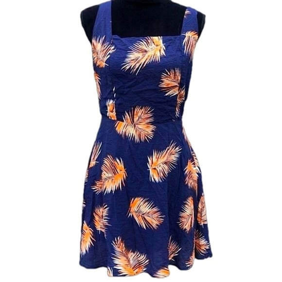 B. Original Orange Palm Print Navy Summer dress with Crisscross Back Dress M - Picture 1 of 5